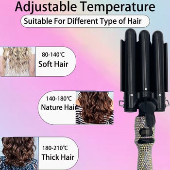 Σίδερα για μπούκλες Ceramic Crimp Iron 3 Barrels Crimper Rhinestone Wave Triple Hair Styling Εργαλεία για μακριά μαλλιά
