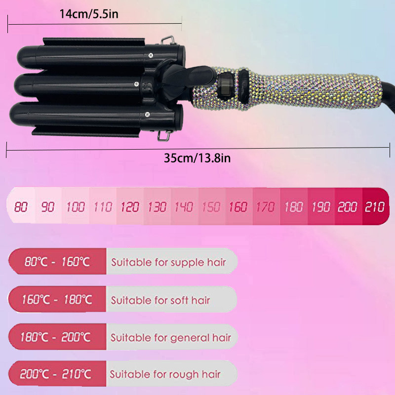 Garbanojimo lygintuvai Keraminiai gofruoti lygintuvai 3 statinės Crimper Kalnų krištolas Wave Trigubos plaukų formavimo priemonės ilgiems plaukams