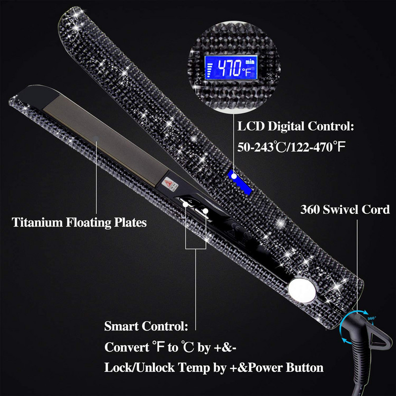 Placă de îndreptat RUCHA Placă de titan Fier de călcat 3D Fier de călcat plutitor Unelte pentru păr ondulat și drept cu cristale Bling