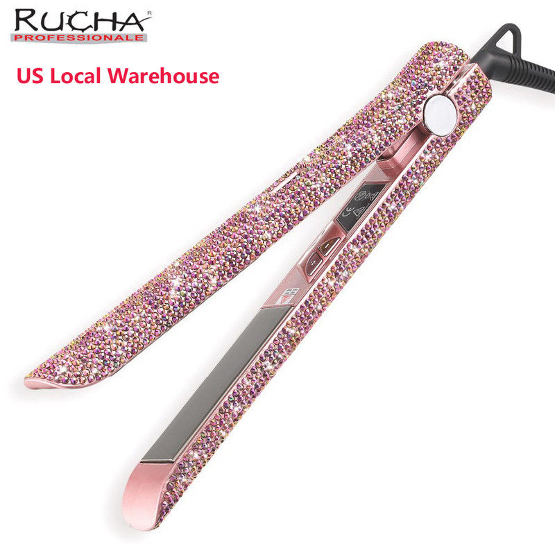 RUCHA hajvasaló Bling Crystal Flat Iron Professzionális nano-titán lemezes hajvasaló, MCH azonnali felmelegedés