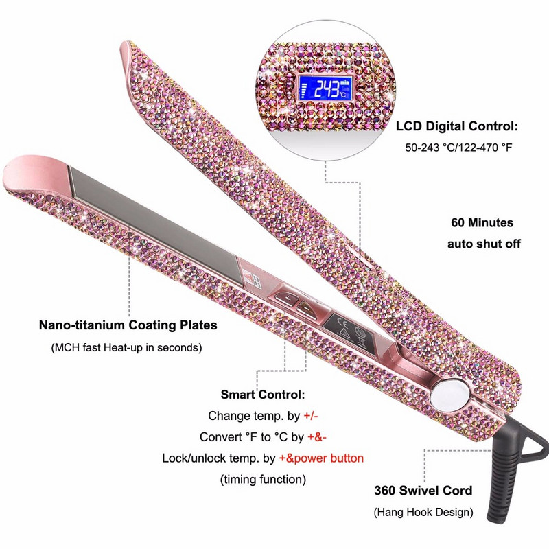RUCHA hajvasaló Bling Crystal Flat Iron Professzionális nano-titán lemezes hajvasaló, MCH azonnali felmelegedés