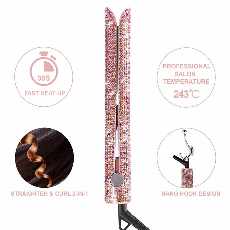 RUCHA hajvasaló Bling Crystal Flat Iron Professzionális nano-titán lemezes hajvasaló, MCH azonnali felmelegedés