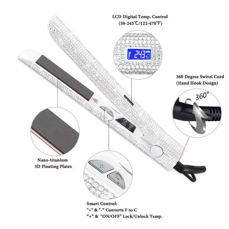 RUCHA hajvasaló Bling Crystal Flat Iron Professzionális nano-titán lemezes hajvasaló, MCH azonnali felmelegedés