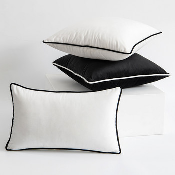 Ασπρόμαυρη βελούδινη μαξιλαροθήκη με στριφώματα απλές μαξιλαροθήκες σε σκανδιναβικό στυλ 50x50 μοντέρνο ελαφρύ κάλυμμα μαξιλαριών πολυτελείας