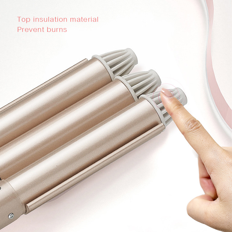 Plaukų suktukas Auksinis 3 vamzdžių gofruotas gofruotas garbanojimo lygintuvas Didelis trijų lazdelių suktukas kiaušinio ritinėlio galvutė Keraminis garbanojimo salonas Naudojimas namuose