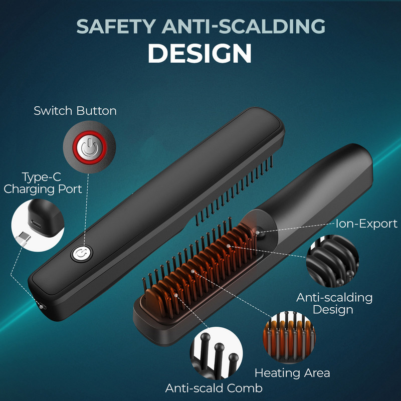 Negatív ionos hajkiegyenesítő kefe USB újratölthető hajvasaló kefe vezeték nélküli szakállhajegyenesítő fésű férfiaknak