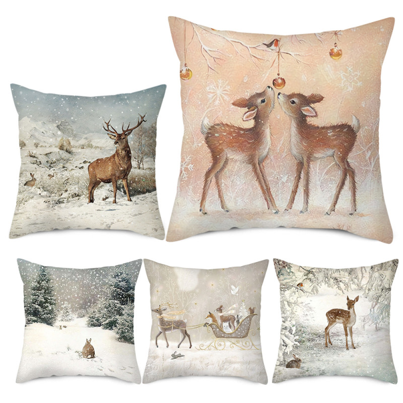 2022 új párnahuzat Xmas Deer In Snow Forest Picture párnahuzat otthoni kanapé dekorációhoz rövid plüss párnahuzatok