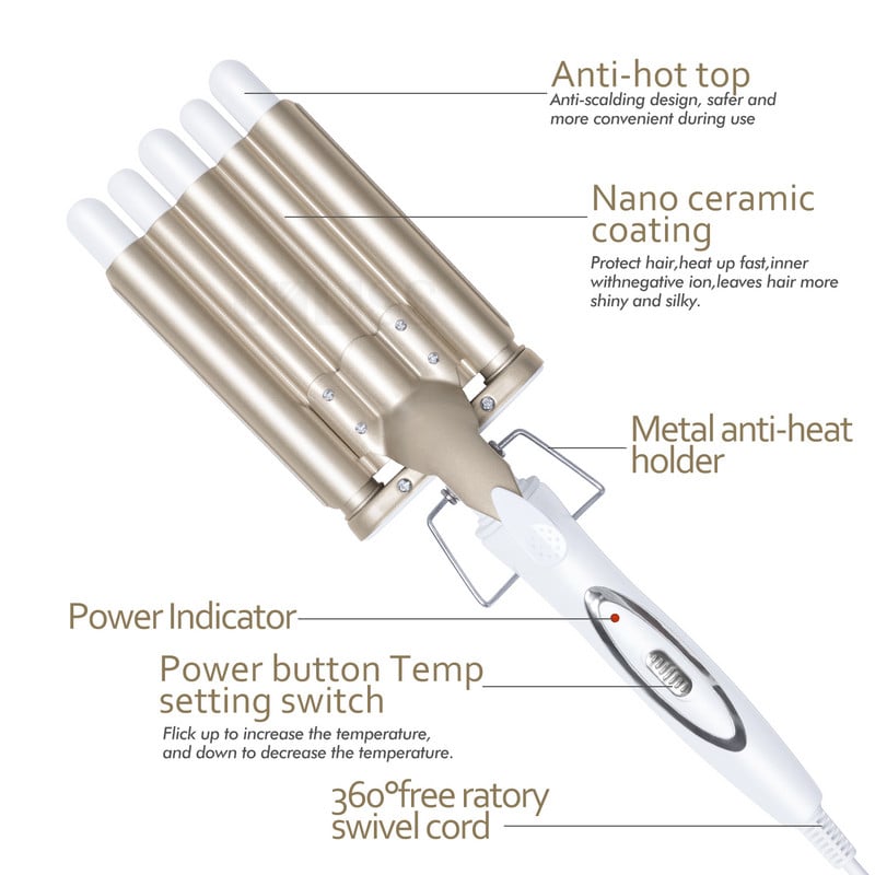 UKLISS Hair Waver kerámia mélyhordó hajvágó vasaló Beach Waves 3 hordós nagyhullámú hajsütő pálca hajformázó hajsütő vasaló