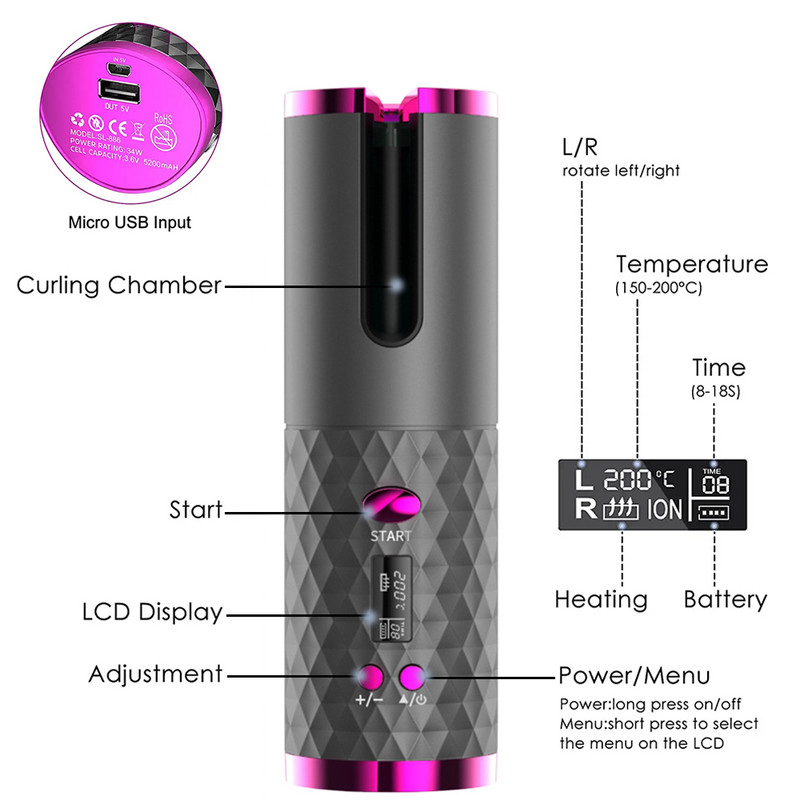Automatski uvijač za kosu Bežični uvijač za kosu za žene LCD bežični rotirajući keramički Waver punjivi prijenosni