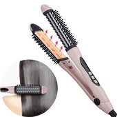 Profesionalus plaukų plokščias geležies keraminis įtvaras, greitas kaitinimas 2 viename plaukų tiesinimo suktukų šepetys dvigubos įtampos pūkuotos šukos