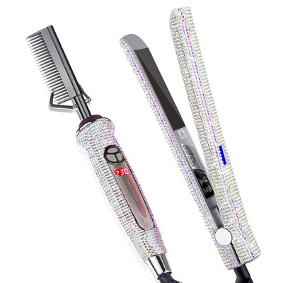 Rhinestone Flat σίδερο Ισιωτικό μαλλιών από τιτάνιο Ψηφιακή χτένα ισιώματος μαλλιών υψηλής θερμοκρασίας Θερμοκρασία