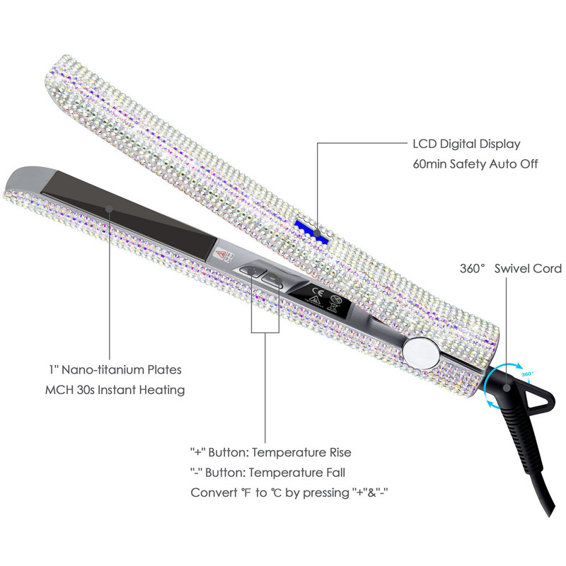 Rhinestone Flat σίδερο Ισιωτικό μαλλιών από τιτάνιο Ψηφιακή χτένα ισιώματος μαλλιών υψηλής θερμοκρασίας Θερμοκρασία