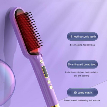 2 в 1 Електрическа професионална йонна преса за коса Четка Гребен за къдрене с LCD дисплей Инструменти за къдрене на коса ПРАВА КОСА