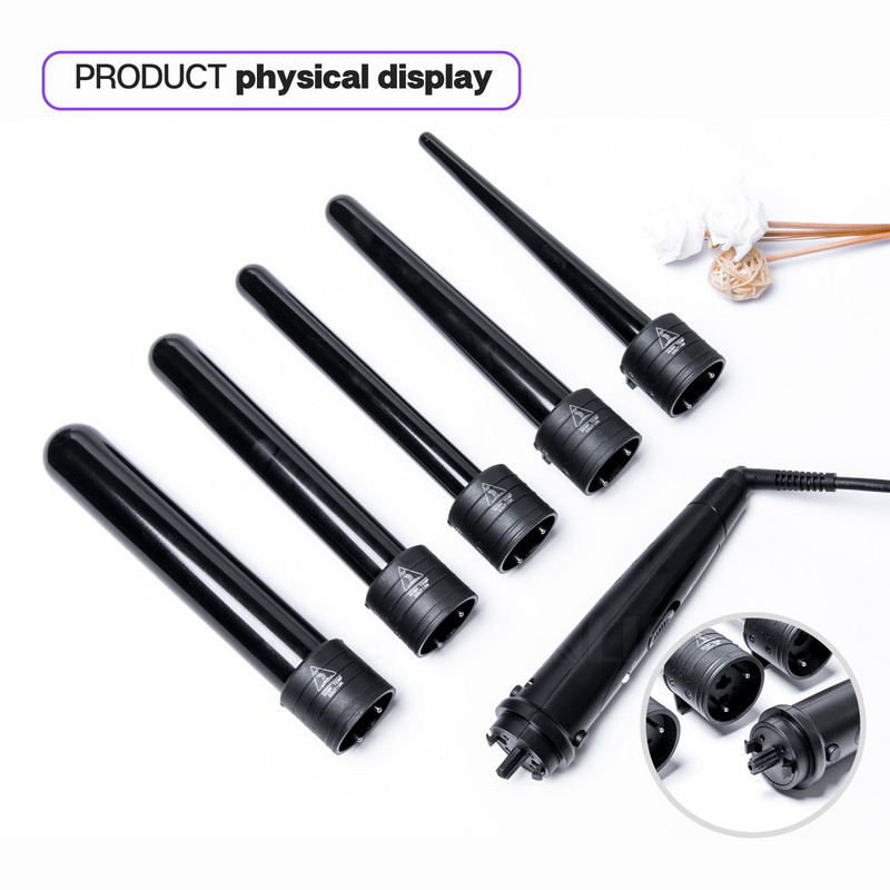 Set de baghete de ondulat 5 în 1 Baghetă de ondulat cu butoaie ceramice interschimbabile LCD și reglare a temperaturii Butoaie de ondulator de păr
