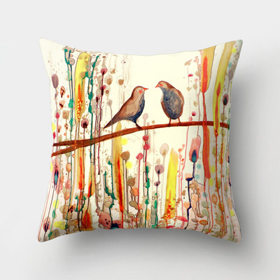 45x45cm Vintage Virág Párnahuzat Dekor Kék Festmény Flower Bird Párnahuzat Poliészter párnahuzat kanapé autós lakberendezéshez