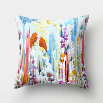 45x45cm Vintage Virág Párnahuzat Dekor Kék Festmény Flower Bird Párnahuzat Poliészter párnahuzat kanapé autós lakberendezéshez