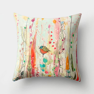 45x45cm Vintage Virág Párnahuzat Dekor Kék Festmény Flower Bird Párnahuzat Poliészter párnahuzat kanapé autós lakberendezéshez