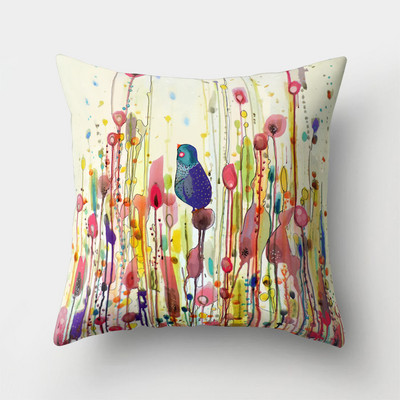 45x45cm Vintage Virág Párnahuzat Dekor Kék Festmény Flower Bird Párnahuzat Poliészter párnahuzat kanapé autós lakberendezéshez