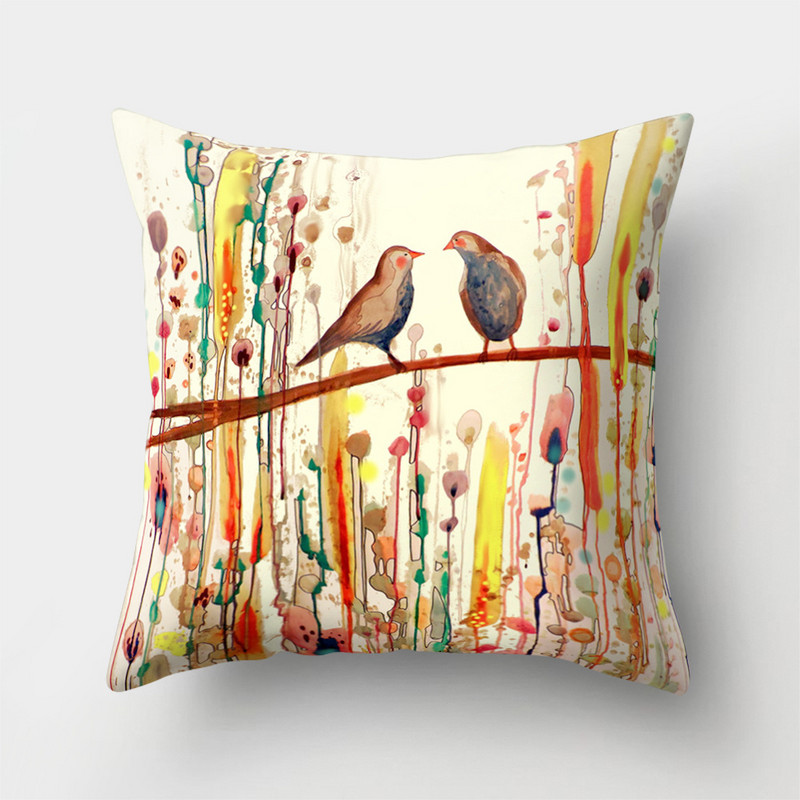 45x45cm Vintage Virág Párnahuzat Dekor Kék Festmény Flower Bird Párnahuzat Poliészter párnahuzat kanapé autós lakberendezéshez