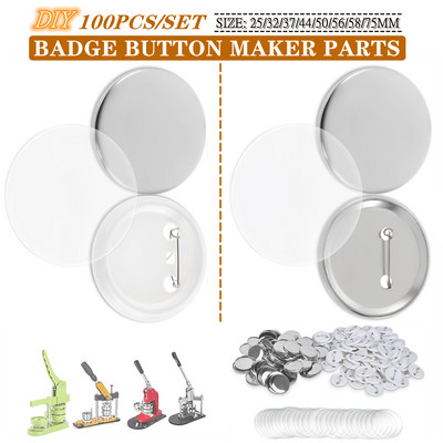 100PCS Blank Badge Button Maker Parts, Plastic/Metal-Base DIY Badges Set, 25-75MM Button Parts Badge Pin Press Machine Supplies