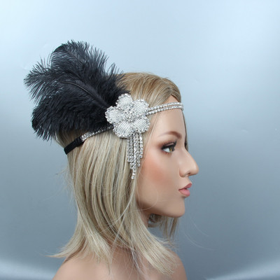 Banda de păr cu pene de epocă pentru femei, cu strasuri negre, cu mărgele, banda de păr cu paiete, 1920 Gatsby Party Headpiece, cu pene, bentită