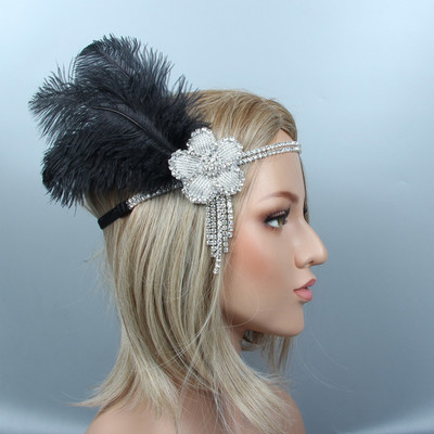 Banda de păr cu pene de epocă pentru femei, cu strasuri negre, cu mărgele, banda de păr cu paiete, 1920 Gatsby Party Headpiece, cu pene, bentită