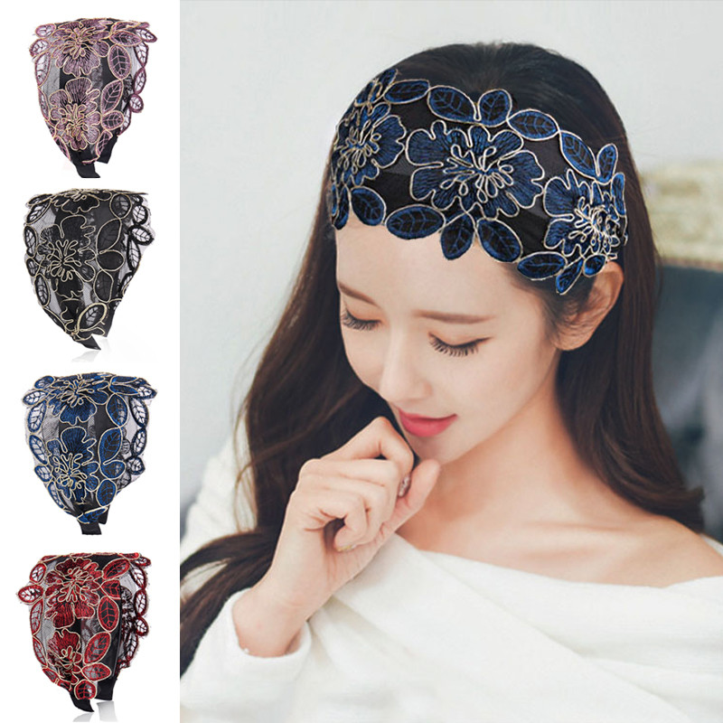 Široký háčik čipkované kvety vlasový pás pre ženy pokrývky hlavy čipkované kvety ozubené protišmykové čelenka dievčenské vlasové doplnky