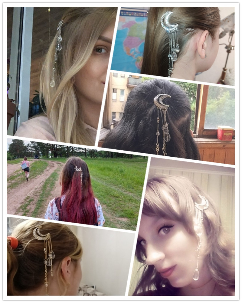 Módne elegantné dámske vlasové pásky Lady Moon drahokamové krištáľové strapce dlhé retiazkové korálky visiace sponky do vlasov vlasové šperky