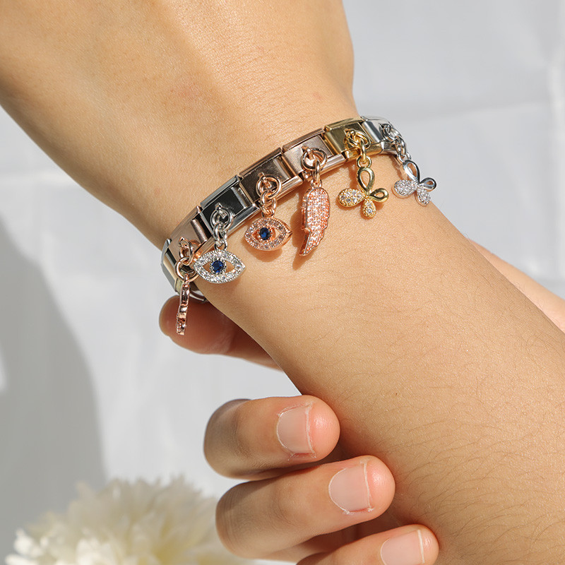 „Hapiship Fashion Moon Eye“ drugelio kampinis sparnas Blizgus CZ žavesio saitai, tinka 9 mm nerūdijančio plieno apyrankė „pasidaryk pats“ papuošalų kūrimas DJ418