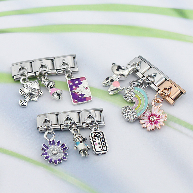 „Hapiship Fashion“ saldžiųjų gėlių žuvis vaivorykštė šunų berniukų mergaičių žavesio nuorodos, tinkančios 9 mm nerūdijančio plieno apyrankės, gaminančios „pasidaryk pats“ papuošalus DJ429