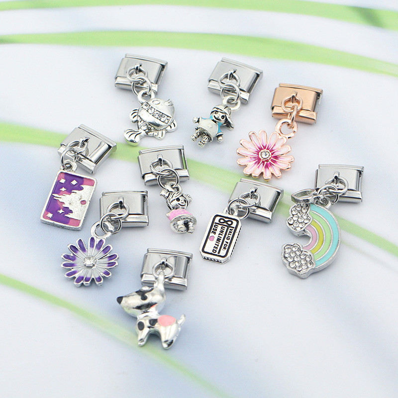 „Hapiship Fashion“ saldžiųjų gėlių žuvis vaivorykštė šunų berniukų mergaičių žavesio nuorodos, tinkančios 9 mm nerūdijančio plieno apyrankės, gaminančios „pasidaryk pats“ papuošalus DJ429