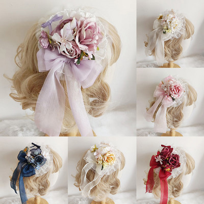 Lolita Sweet Flower Hairpin Cosplay Сладка японска сладка оживена щипка за коса Дантелена панделка Готически шапки за момичета Аксесоари за коса