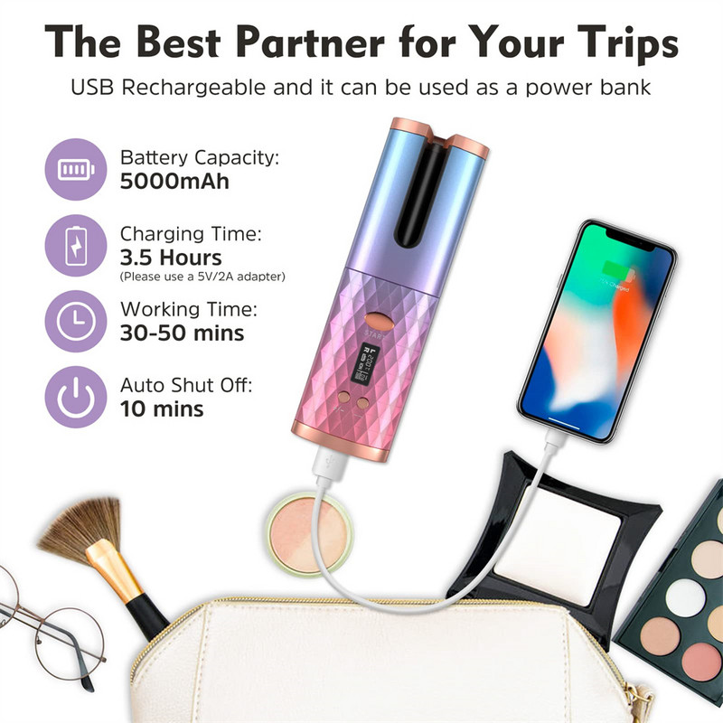 Automatski bežični rotirajući keramički uvijač za kosu USB punjivi prijenosni automatski uvijač za kosu LED zaslon Temperatura Profesionalni uvijač za kosu