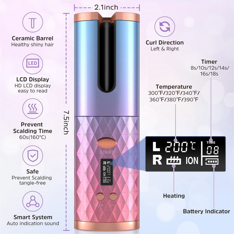 Automatski bežični rotirajući keramički uvijač za kosu USB punjivi prijenosni automatski uvijač za kosu LED zaslon Temperatura Profesionalni uvijač za kosu