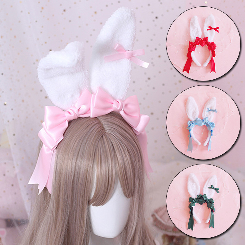 Bentiță de lolita, urechi de iepure de pluș, cerc de păr pentru fete, cosplay, pentru petrecere, accesorii de păr cu fundiță dulce.