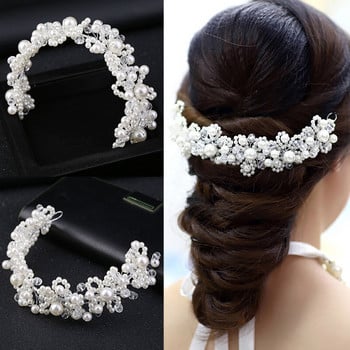 Корейска версия White Pearl Crystal Brida Head Band Flower Bride Headpieces Pearl Crystal сватбена рокля Аксесоари