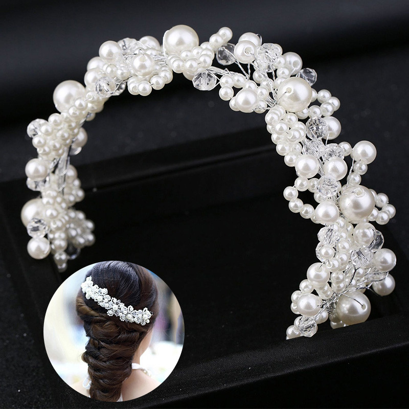 Koreai változat Fehér gyöngykristály Brida fejpánt virág menyasszony fejfedők Pearl Crystal esküvői ruha kiegészítők