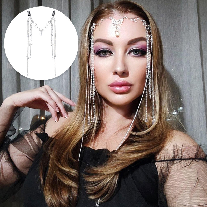 Lanț pentru frunte cu franjuri cu strass de lux Nuntă romantică Tochie de cap de cristal strălucitor Accesorii pentru păr de mireasă Bijuterii Cadouri
