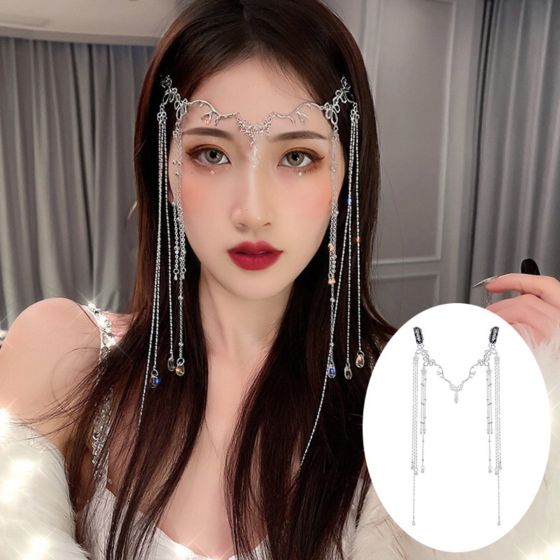 Lanț pentru frunte cu franjuri cu strass de lux Nuntă romantică Tochie de cap de cristal strălucitor Accesorii pentru păr de mireasă Bijuterii Cadouri