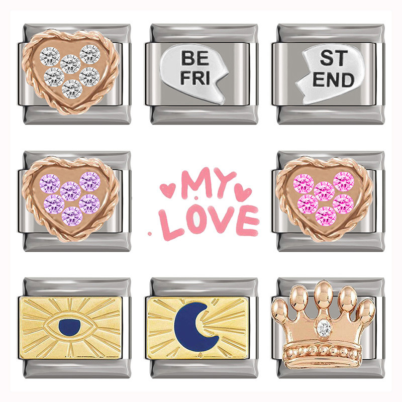 Hapiship Nou Coroană de inimă cu trandafir margaretă originală orbitoare CZ farmec italian se potrivește cu brățară de 9 mm, fabricarea de bijuterii din oțel inoxidabil DJ250