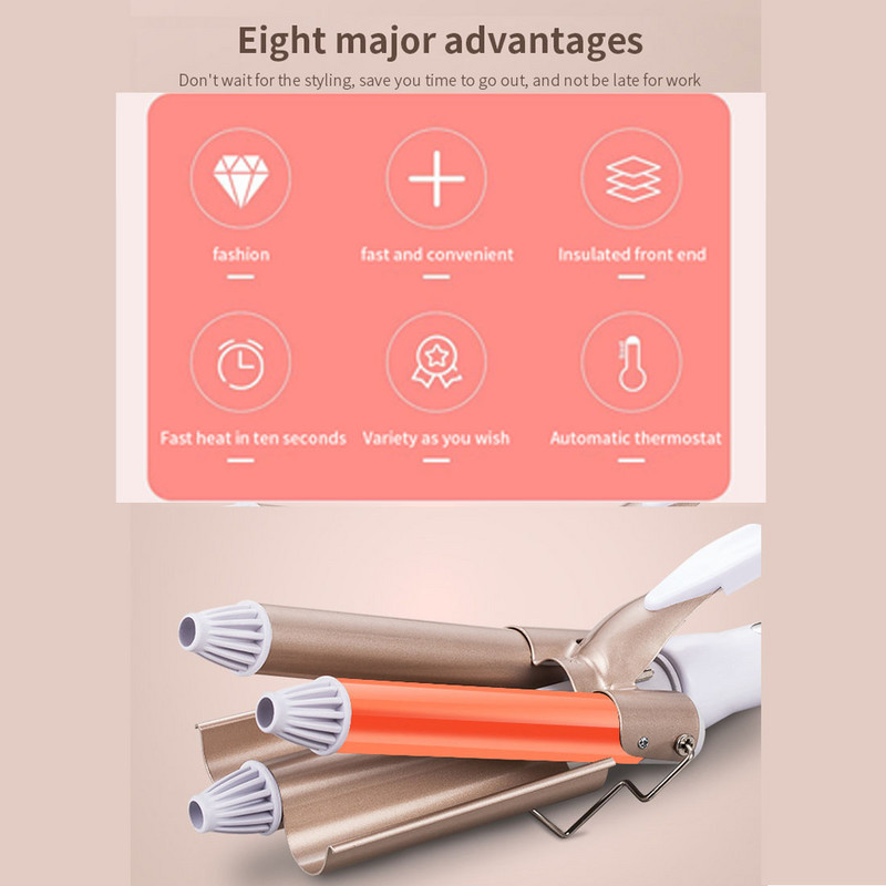 Ondulator de păr cu trei butoi, ondulator de păr personalizat Baghetă ceramică ondulator cu triplu butoi, ondulator de păr
