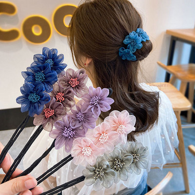 Flower Barrettes Ανοιξιάτικες φουρκέτες για κορίτσια Κλιπ μαλλιών Γυναικείες Κομψές απλές γλυκές αφράτες πλέγμα Τρία λουλούδια κότσος μαλλιών αλογοουρά