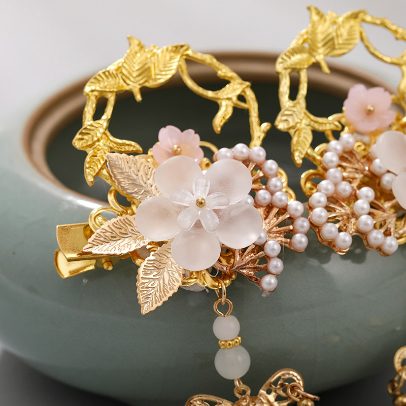 FORSEVEN 1 par cvjetnih lišća, bisera, dugih resica, privjesaka, hanfu haljina, kineske ukosnice, kopče za žene, djevojke, vjenčani ukrasi za kosu