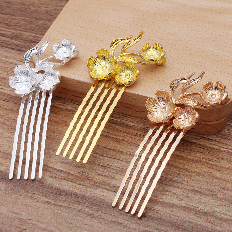 10 KOM 50x15mm češljevi za kosu od legure cvijeća s granama osnova zlatno/srebrne boje češljevi za kosu s 5 zuba Postavka za DIY pribor za nakit