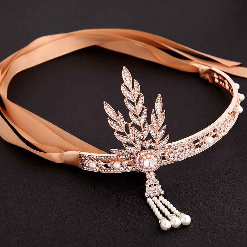 Anii 1920 Bijuterii de păr de epocă Frunză Mireasă Cristal Perlă Cască Flapper Great Gatsby Tiara și Bentita pentru cap pentru femei Nunta