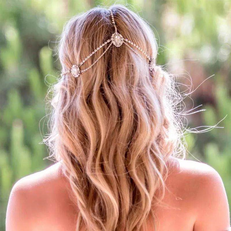 Bohém retro női Crystal menyasszonyi fejpánt lánc Bridal Wedding Crystal homlok indiai fejpántos haj kiegészítők
