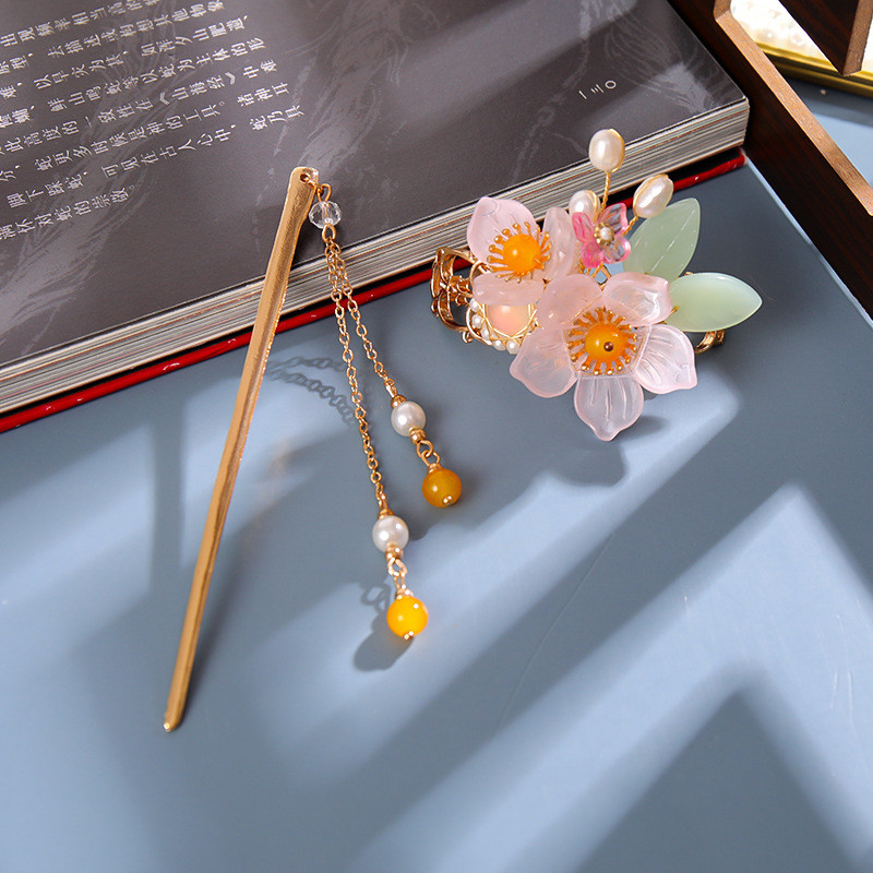 Sada vlasových palíc s perlovými strapcami a kvetinovou sponou do vlasov, čínsky štýl Hanfu, oblečenie, paličky na jedenie, vlasové doplnky BN