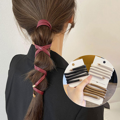 AMORCOME Legături de păr din piele PU coreeană pentru femei frânghie de păr de culoare solidă Suport pentru coadă de cal bentita lungă Accesorii de păr la modă