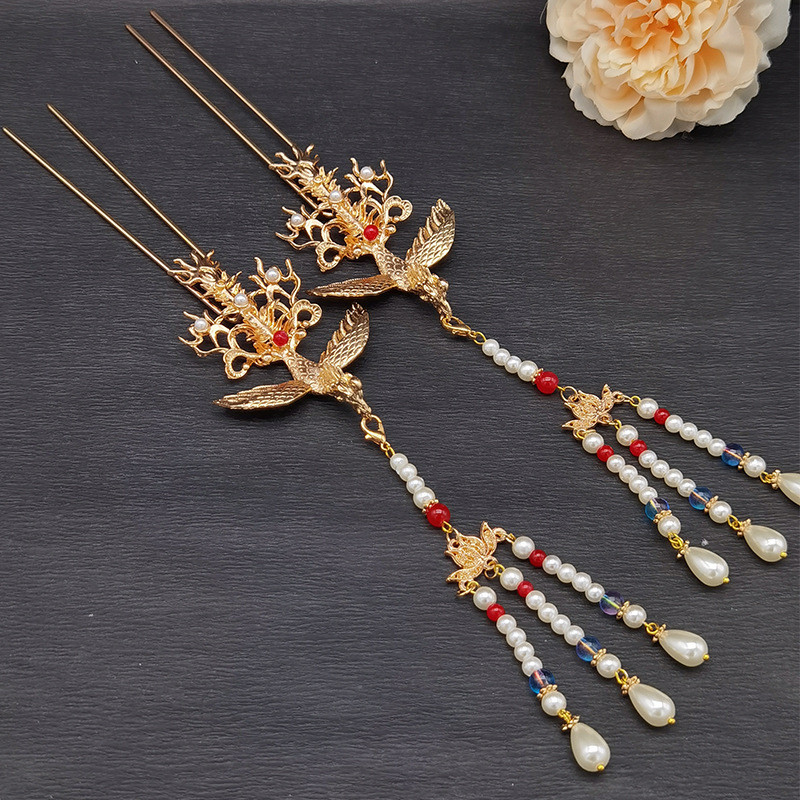 Luxus Phoenix hajtűk Clipek hosszú bojt, U alakú hajrudak Villák női lányoknak Hanfu ruha kínai esküvői haj ékszerek