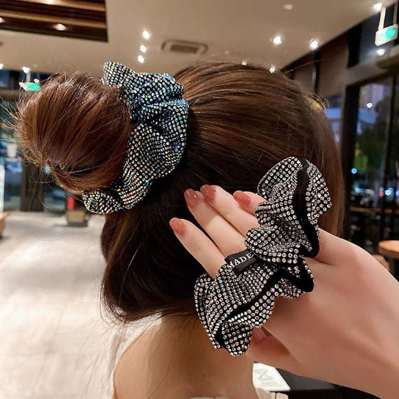 Divat strasszos Női Silk Scrunchie elasztikus kézzel készített haj fekete szalag lófarok tartó fejpánt haj kiegészítők
